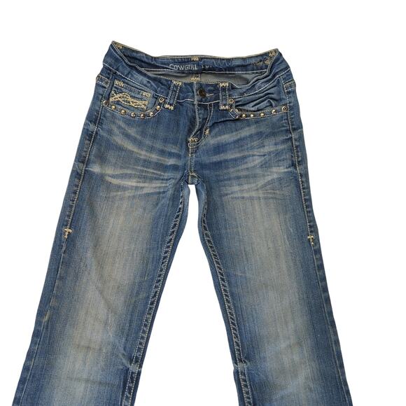 Cowgirl Tuff Bootcut Jeans 27 Tried True Bling Studs White Stitch Tall Stretch - Picture 3 of 9